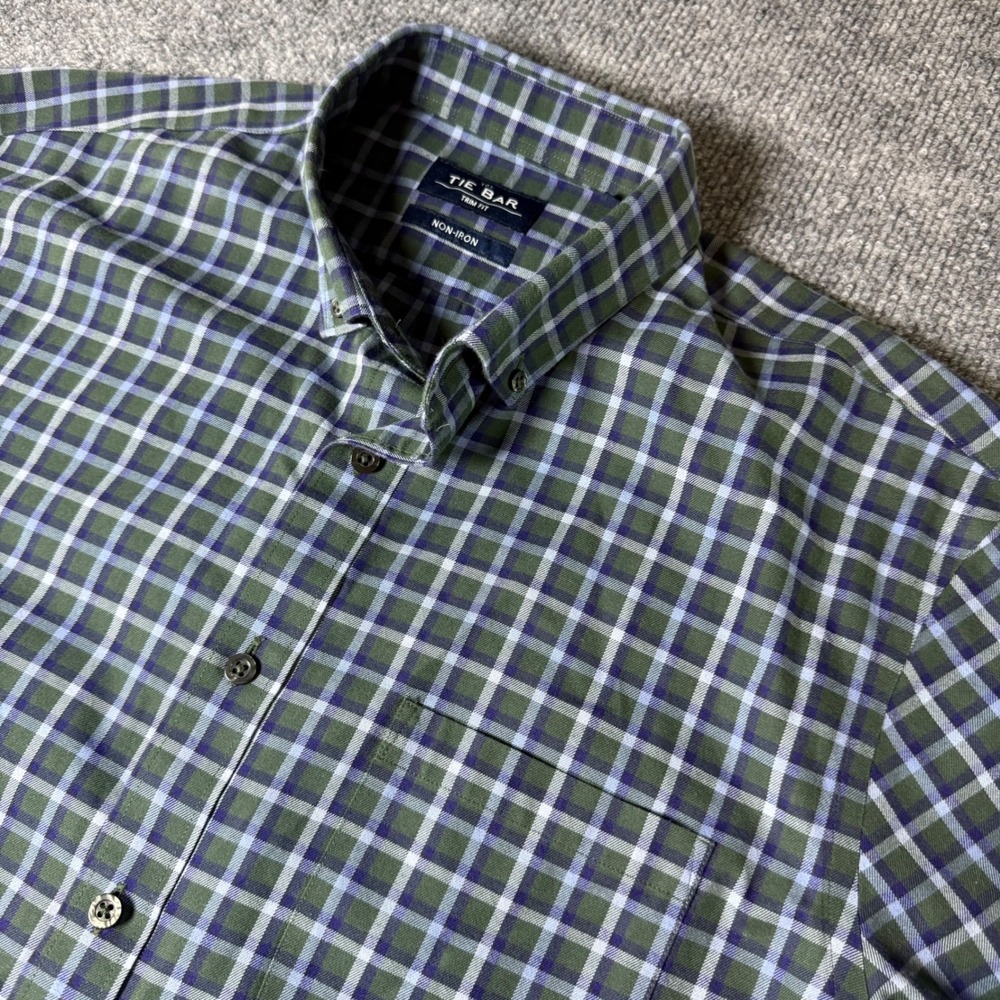 The Tie Bar Mens Trim Fit Non-Iron Plaid Dress Shirt 16‎ 1/2 32/33 Green